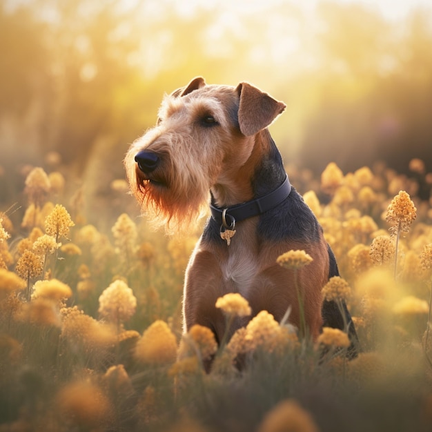 Um cachorro em um campo de flores com a palavra terrier nele