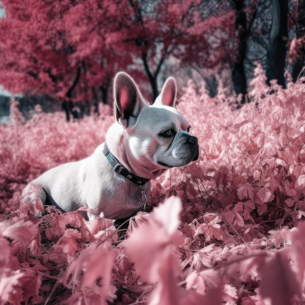 Um cachorro em um campo de flores com o nome bulldog francês