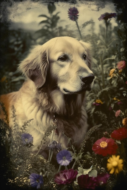 Um cachorro em um campo de flores com um cachorro em primeiro plano.