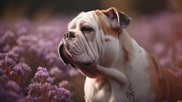 Um cachorro em um campo de flores roxas