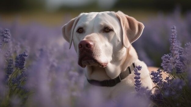 Um cachorro em um campo de flores roxas