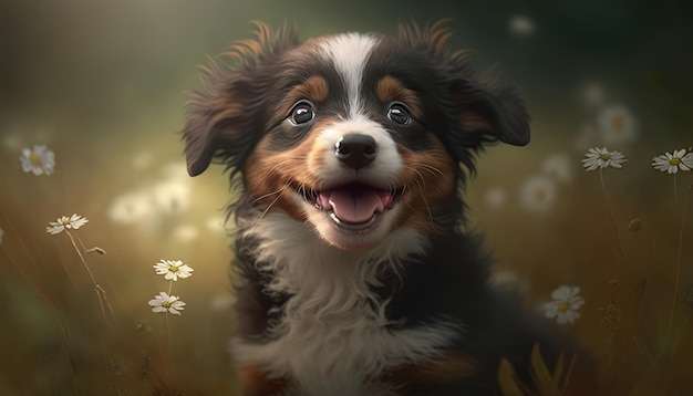Um cachorro em um campo de flores