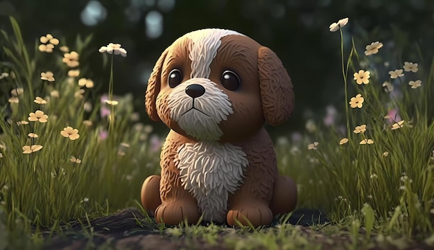 Um cachorro em um campo de flores