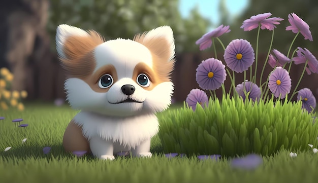 Um cachorro em um campo de flores