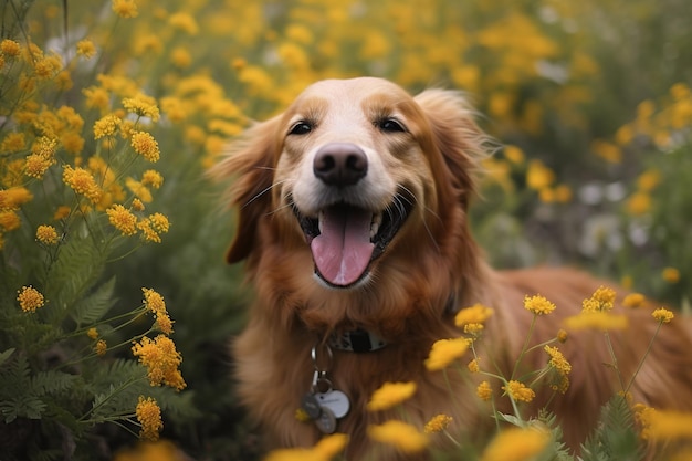 Um cachorro em um campo de flores