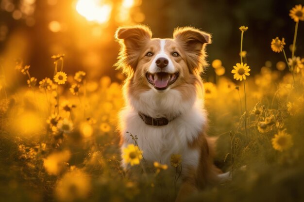 Um cachorro em um campo de flores