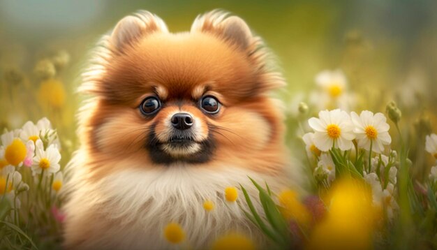 Um cachorro em um campo de flores