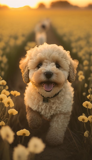 Um cachorro em um campo de flores