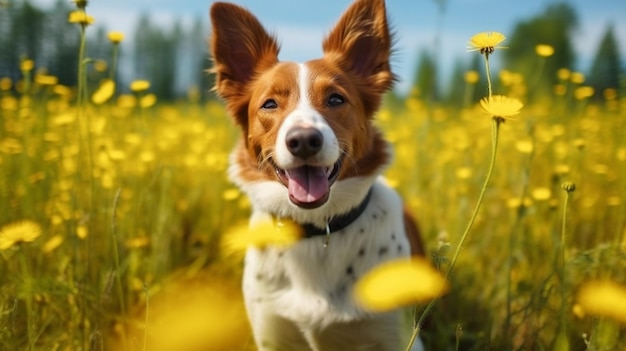 Um cachorro em um campo de flores