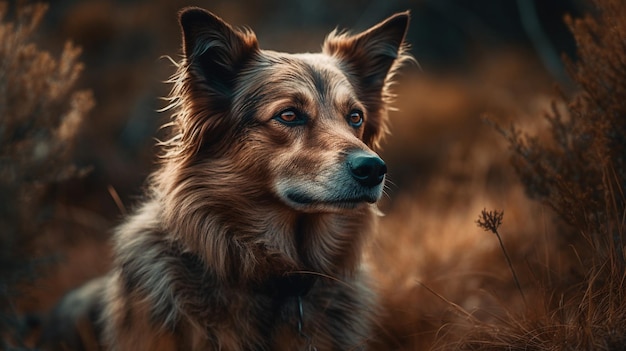 Um cachorro em um campo de grama