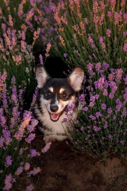 Um cachorro em um campo de lavanda