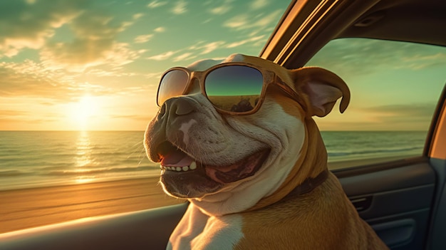 Um cachorro em um carro com óculos escuros e um pôr do sol ao fundo