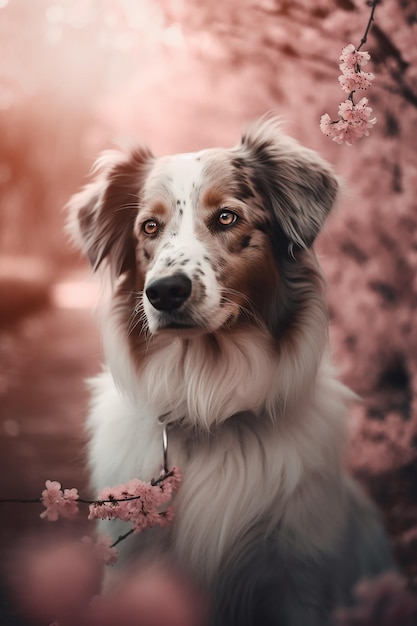 Um cachorro em um jardim de flores rosa