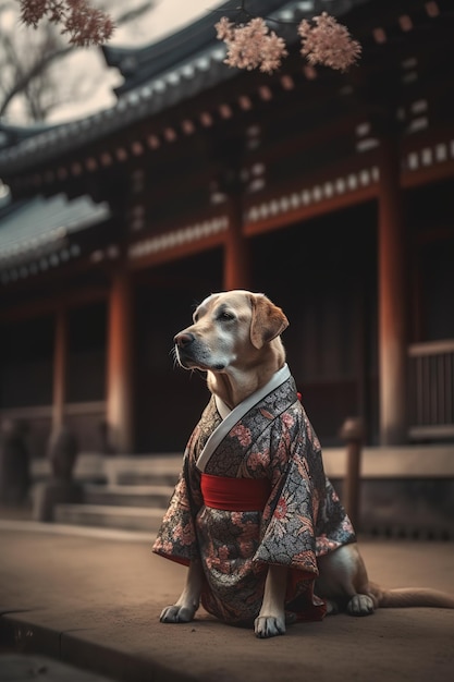 Um cachorro em um quimono fica na frente de um templo.