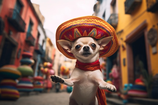 Um cachorro em um sombrero dança em uma rua da cidade