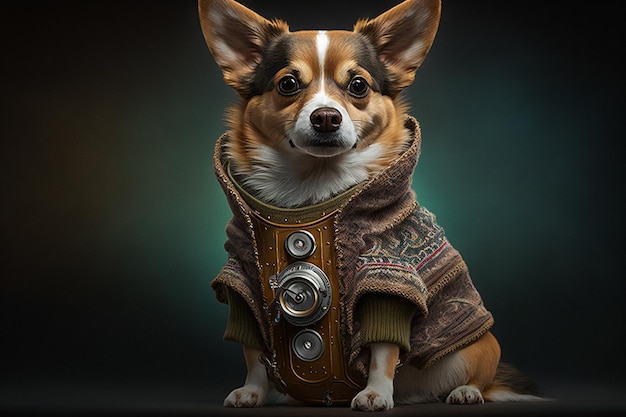 Um cachorro em um suéter com uma câmera nele