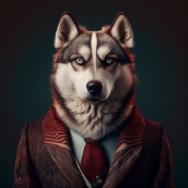 Um cachorro em um terno que diz "lobo" nele.