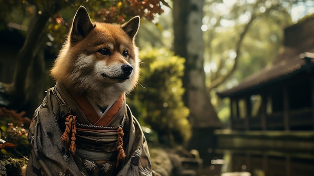 Foto um cachorro em um traje de samurai