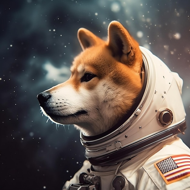 Um cachorro em um traje espacial com a bandeira nele.