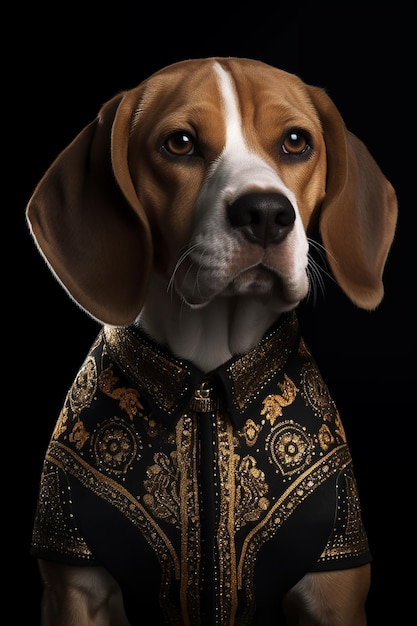 Um cachorro em um vestido chique está sentado em um fundo preto.