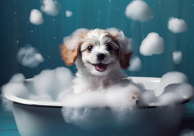 Um cachorro em uma banheira com bolhas de espuma