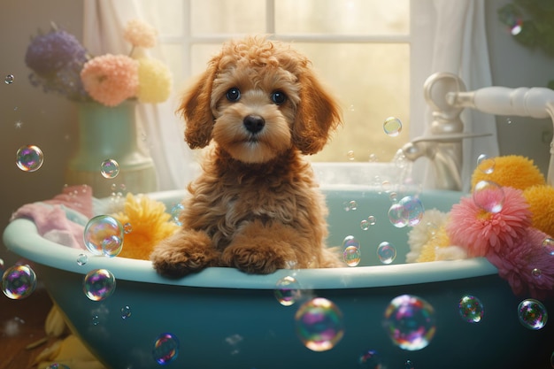 Um cachorro em uma banheira com bolhas de sabão e espuma