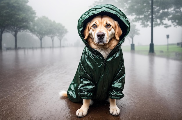 Um cachorro em uma capa de chuva na chuva do lado de fora da Generative AI