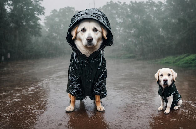 Um cachorro em uma capa de chuva na chuva do lado de fora da Generative AI