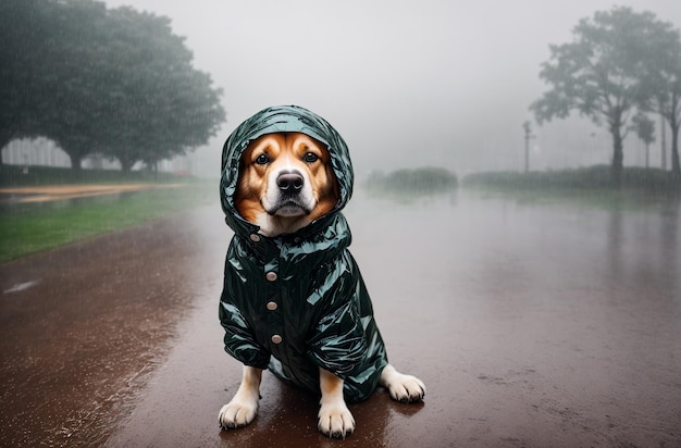 Um cachorro em uma capa de chuva na chuva do lado de fora da Generative AI