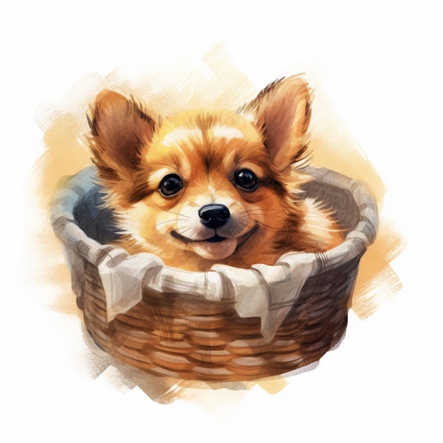 Um cachorro em uma cesta que diz "chihuahua" no fundo.