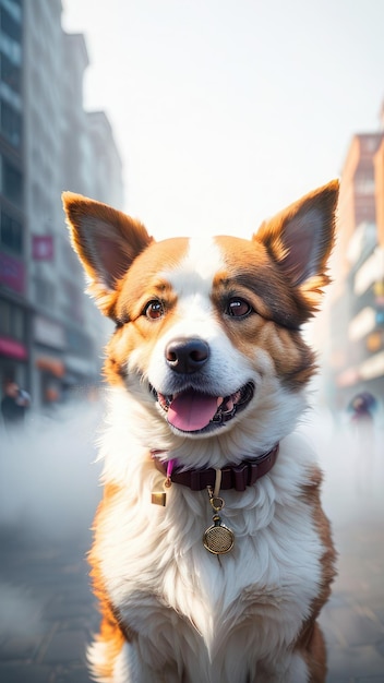 Um cachorro em uma cidade com uma etiqueta que diz 'cachorro'