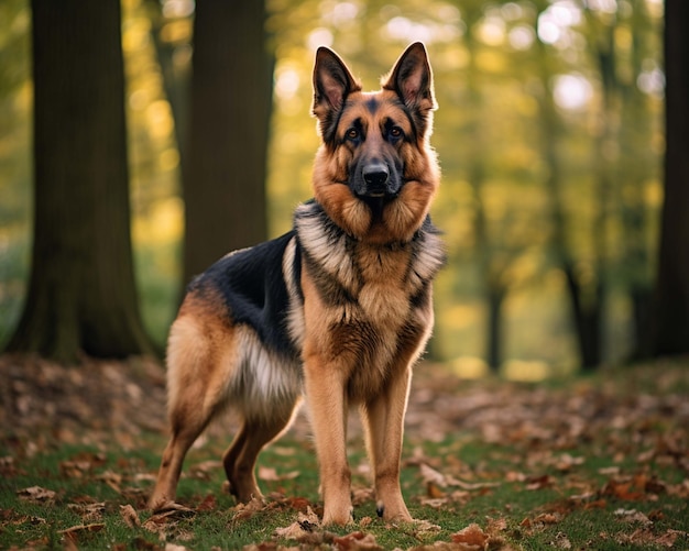 Um cachorro em uma floresta com folhas de outono