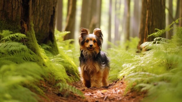 Um cachorro em uma floresta com fundo verde