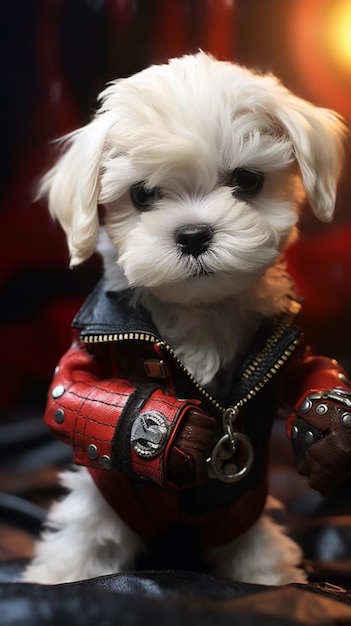 Foto um cachorro em uma jaqueta de couro com a palavra herói