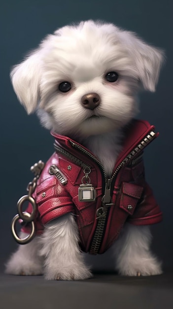 Um cachorro em uma jaqueta de couro vermelha com uma jaqueta vermelha e tachas.