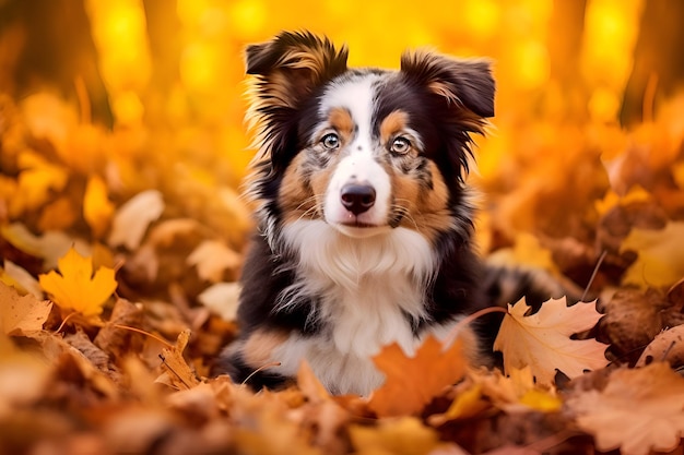 Um cachorro em uma pilha de folhas