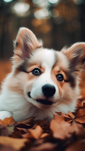 Um cachorro em uma pilha de folhas