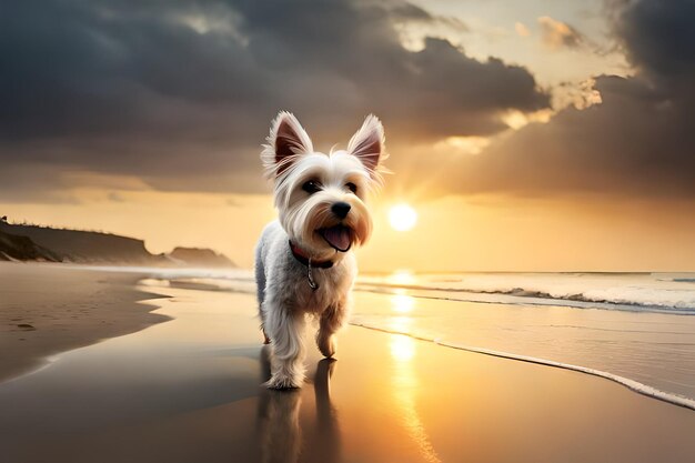 um cachorro em uma praia com o sol atrás dele