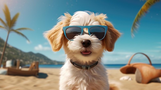 Um cachorro em uma praia usando óculos escuros e um cachorro azul e branco usando óculos escuros.