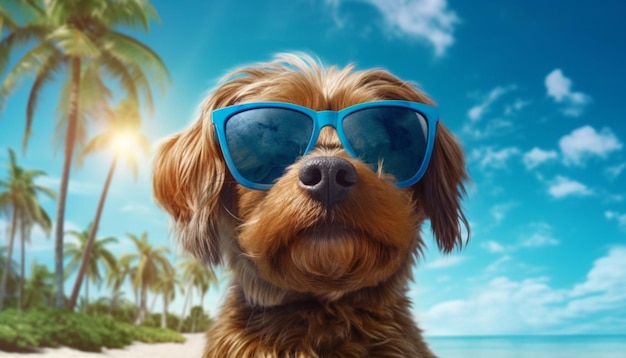 Um cachorro em uma praia usando óculos escuros