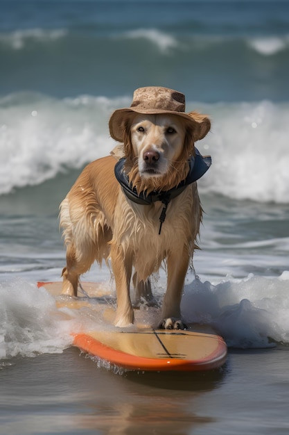 Um cachorro em uma prancha de surf no oceano