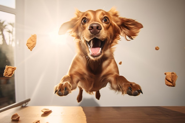 Um cachorro engraçado pega comida com a boca em um fundo branco 1