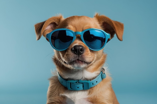 Um cachorro engraçado usando óculos de sol isolado em azul claro