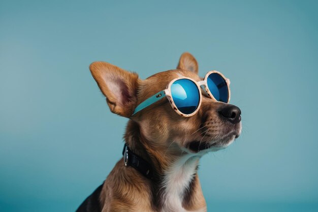 Um cachorro engraçado usando óculos de sol isolado em azul claro