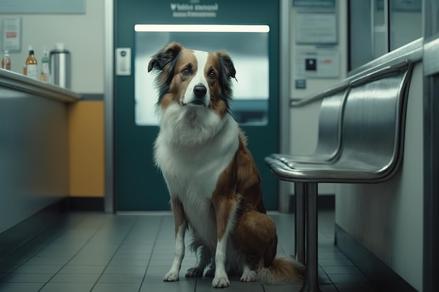 Um cachorro espera por seu dono no saguão de um hospital com uma expressão preocupada gerada por Ai