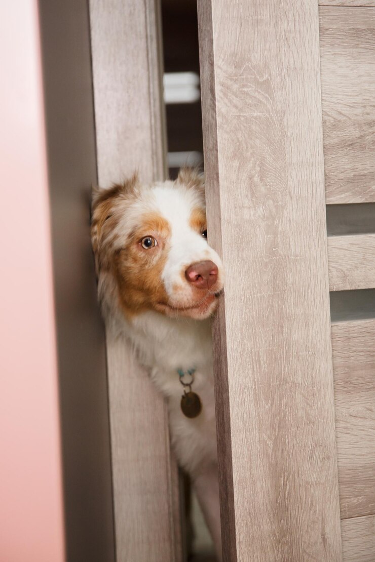 Um cachorro espiando por uma porta