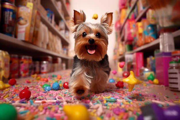 Um cachorro está andando sobre um tapete com miçangas coloridas.