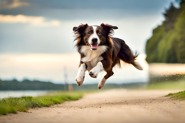 Um cachorro está correndo no ar com um fundo de céu