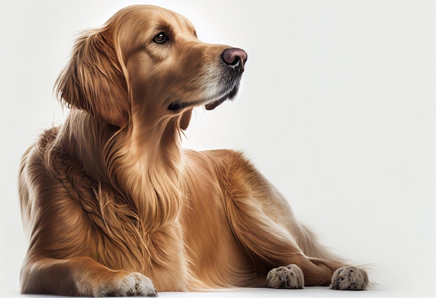 Um cachorro está deitado e olhando para cima.