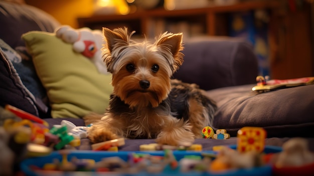 um cachorro está deitado em um sofá com um brinquedo ao fundo.